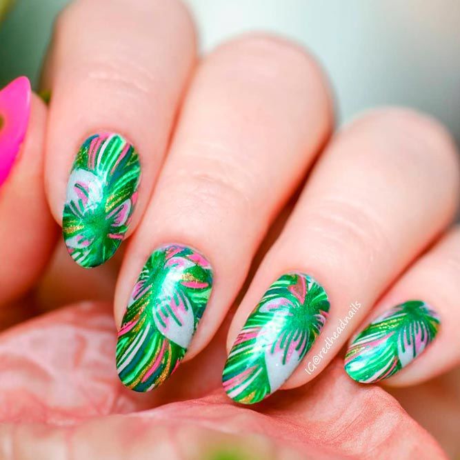 Tropical Leaves Nails Art