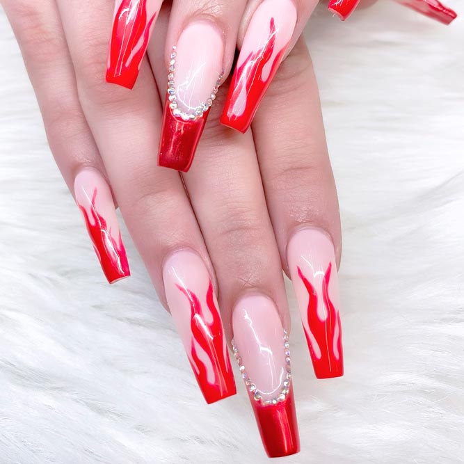 Red French Acrylic Nail Designs for Coffins