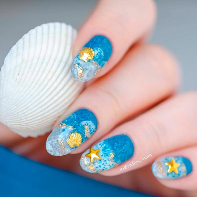 Blue Nail Art with Seashells