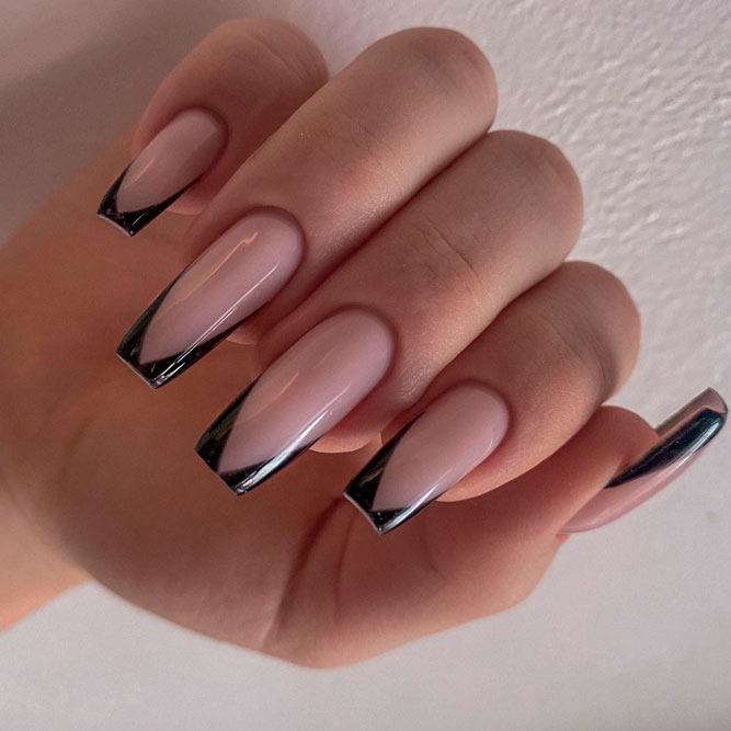 Black Coffin French Tip Nails