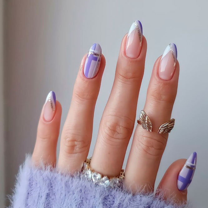 Lavender Color Nails With Geometric Design
