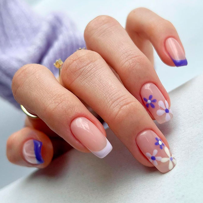 Lavender Color Nail With Beautiful Flowers Art