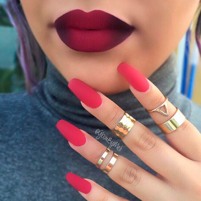 Royal Burgundy Lipstick Matching Nails