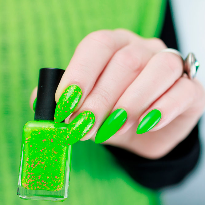 Neon Green Nails with Glitter Accent