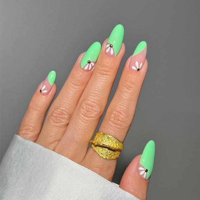 Green Oval Nails With Flowers