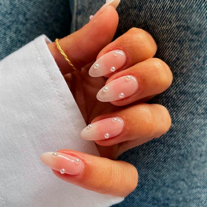 Milky White Oval Nail Designs with Pearls