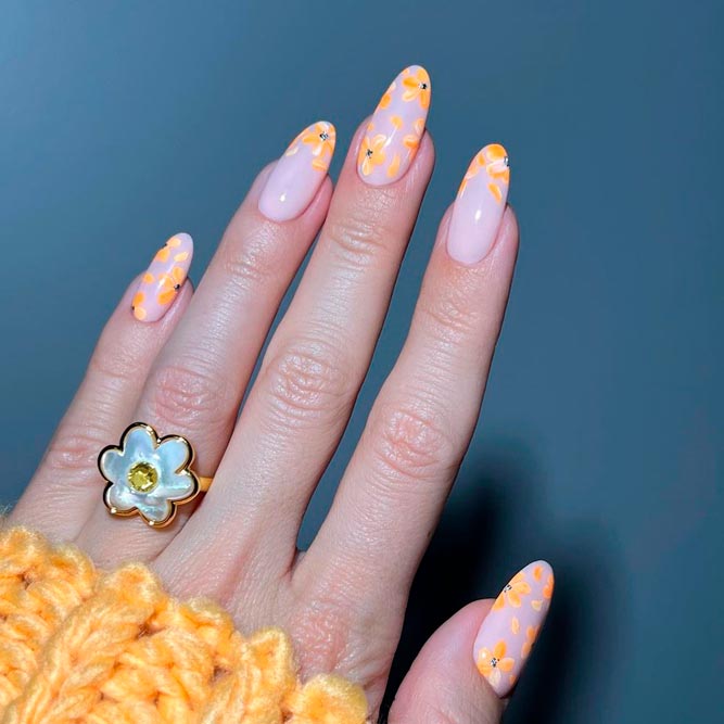 Oval Shaped Nails With Orange Flowers