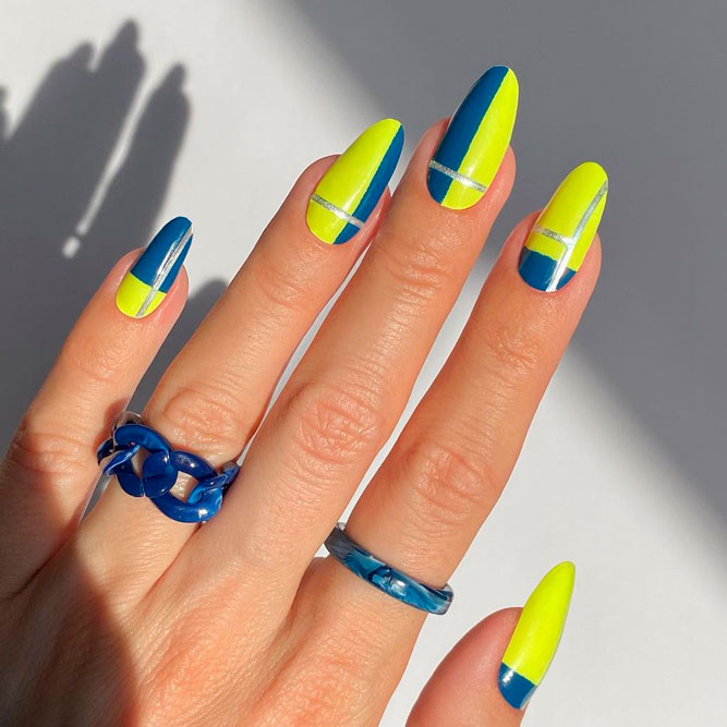 Blue and Yellow Nails with Oval Shape