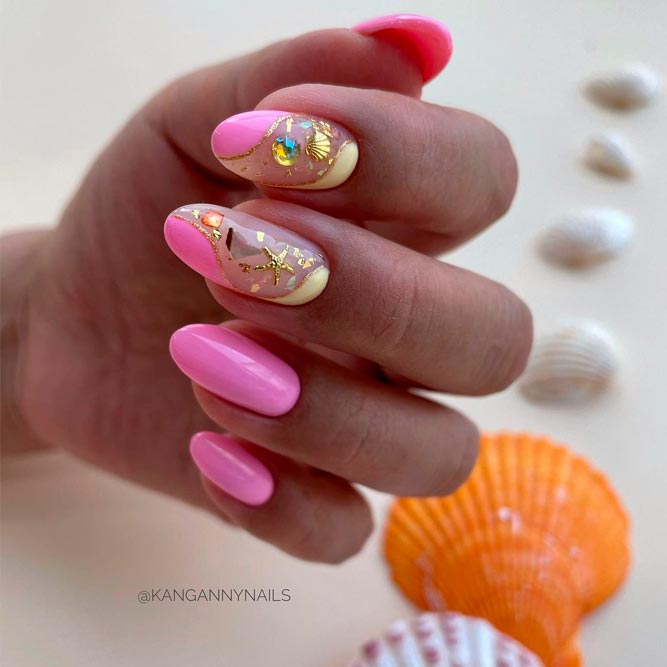 Summer Pink Acrylic Nails with Rhinestones