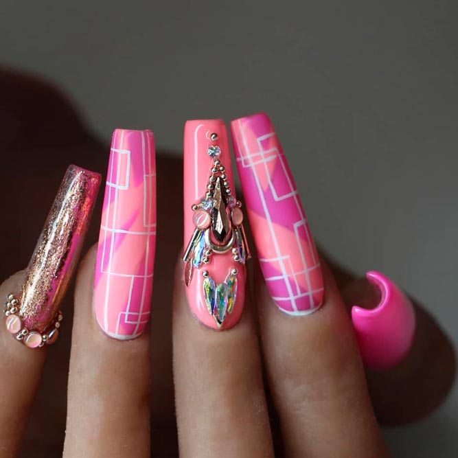 Pink Acrylic Nails with Rhinestones