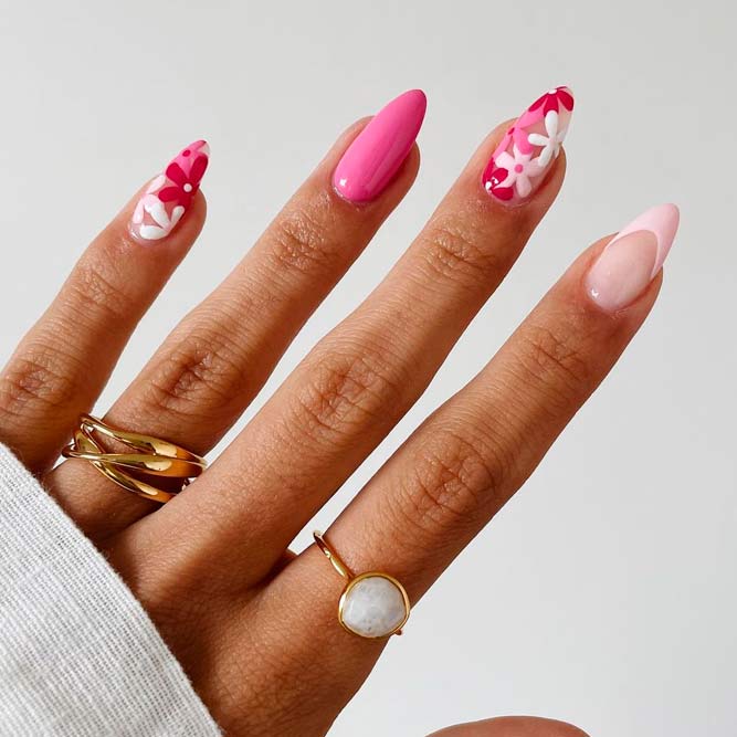 Pink Nails With Flowers