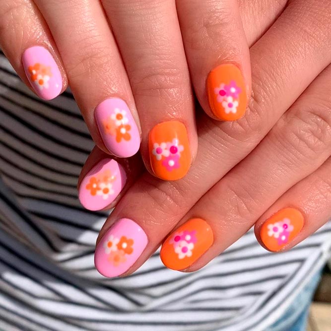 Short Pink Nails With Flowers