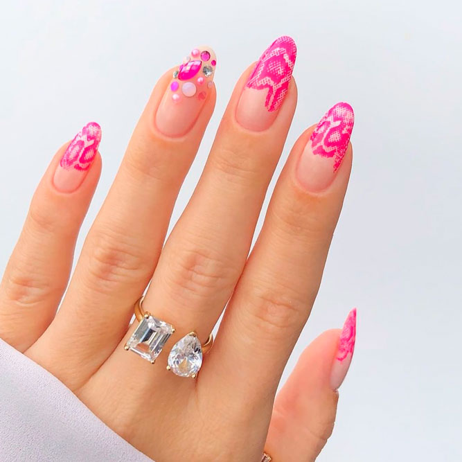 Hot Pink Nails with Rhinestones