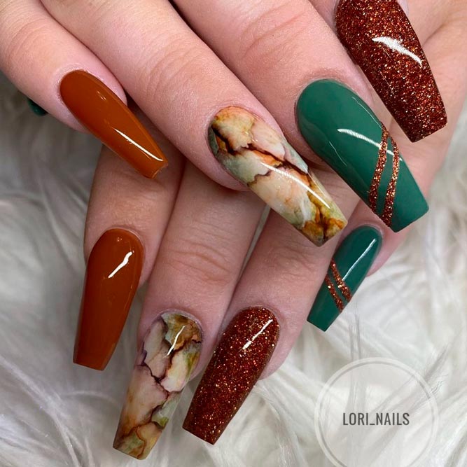 Fall Coffin Nails with Marble Effect