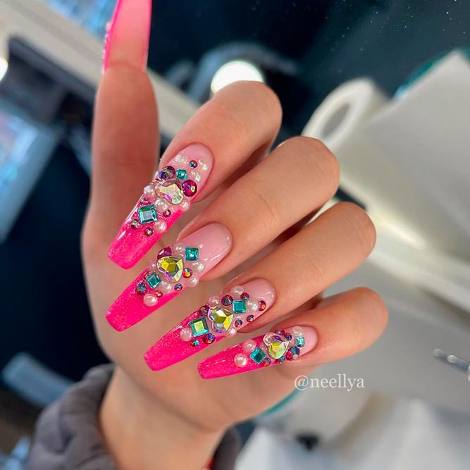 French Nails with Rhinestones