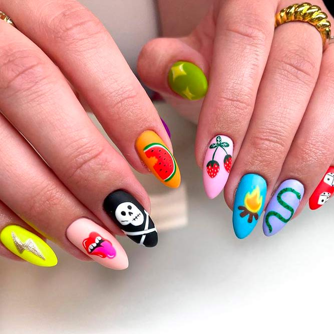 Bright Mismatched Hands Nail Designs