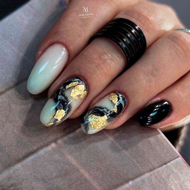 Black Marble Nails with Gold Foil