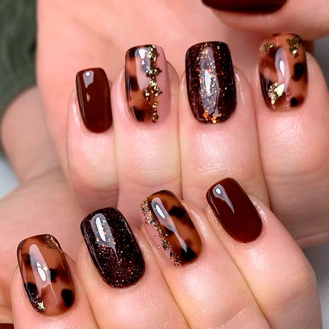 Brown Nails with Gold Foil