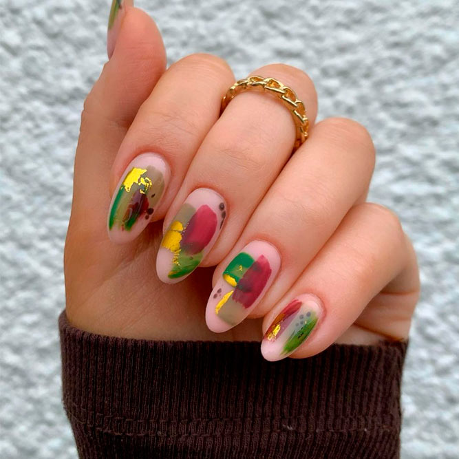 Abstract Fall Nails With Gold Foil