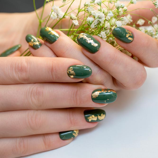 Green Fall Nails With Gold Foil