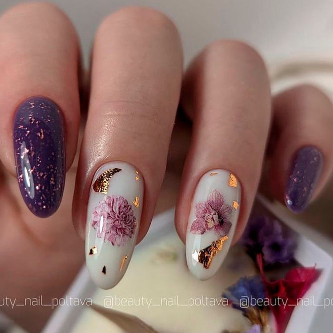 Purple Fall Nails With Gold Foil