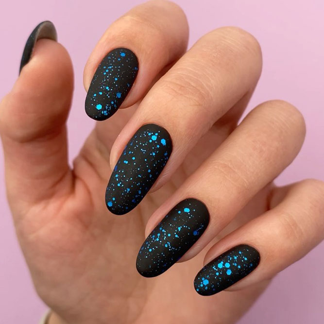 Galaxy Black Matte Nails with Blue