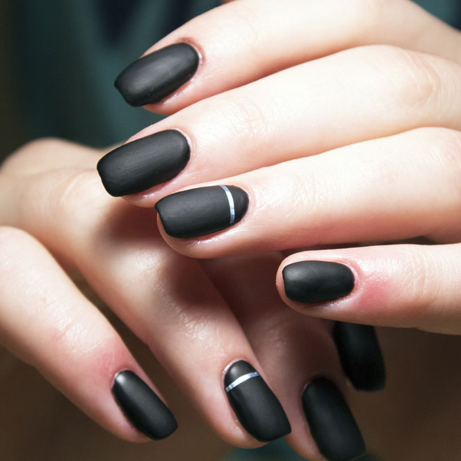 Matte Black Nails With Lines and Dots