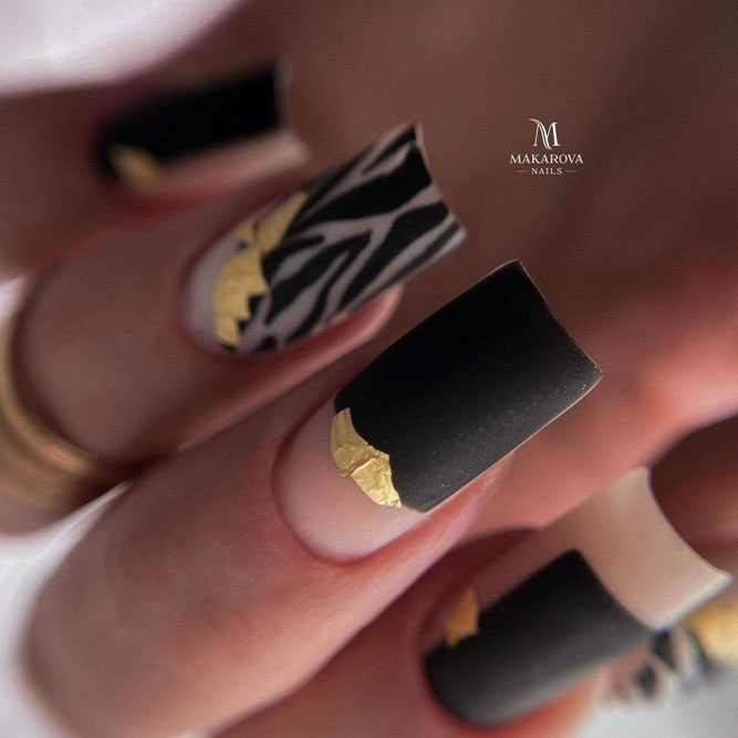 Matte Black Nails with Gold