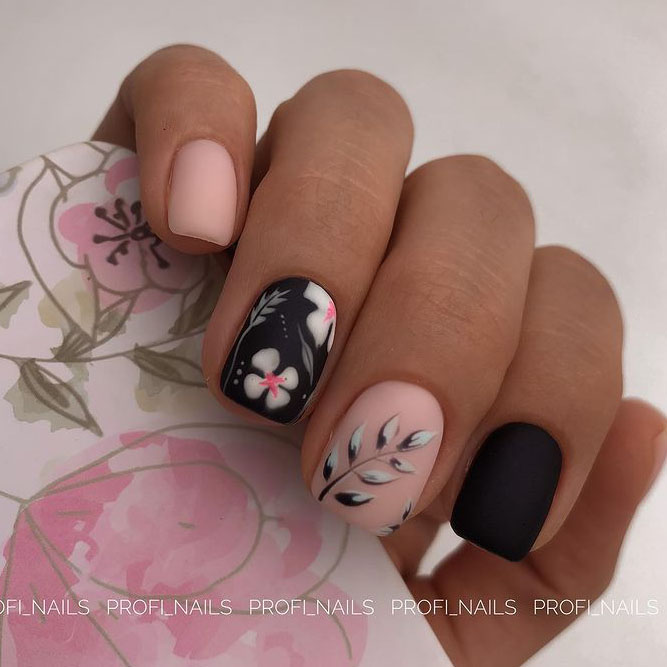 Matte Black Nails with Flowers