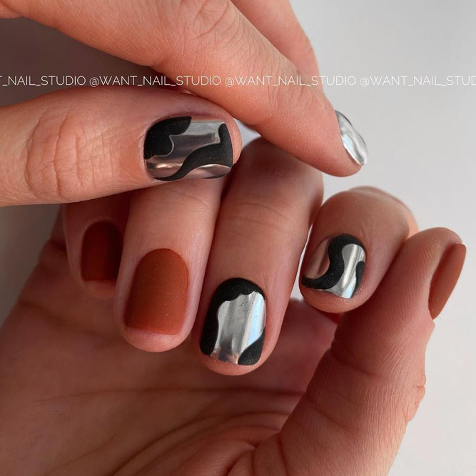 Matte Black Nails with Silver