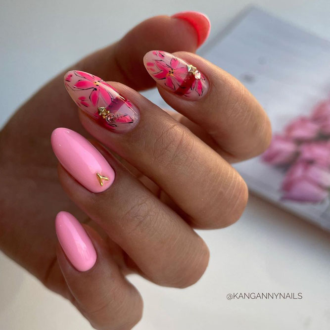 Floral Pink And Gold Nails Art