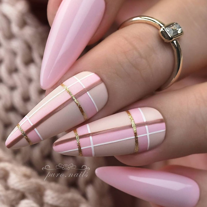 Plaid Pink Nails With Gold Stripes