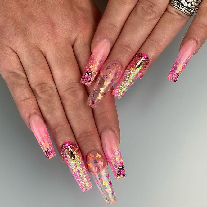 Ombre Nails with Pink And Gold Colors