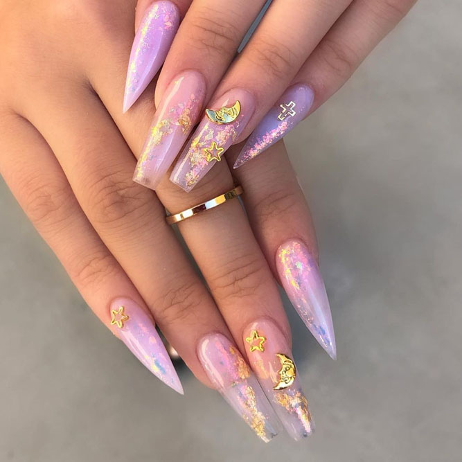 Stiletto Nails with Pink and Gold Foil