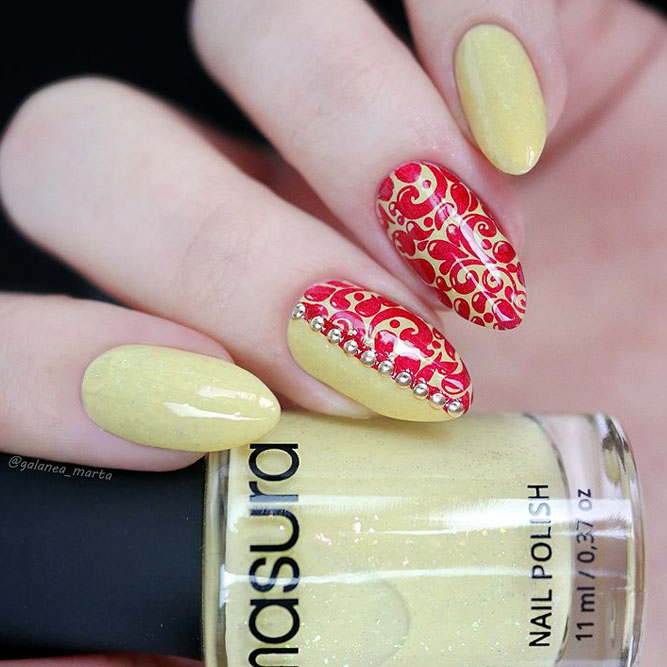 Yellow Nails With Damask Accent