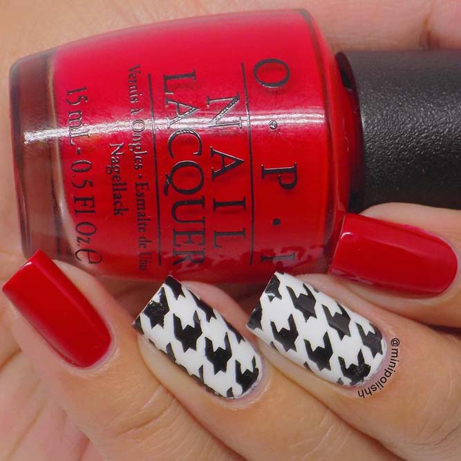 Classic Red Nails With a Houndstooth Pattern