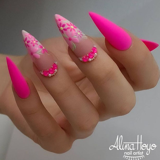 Flowers Matte Pink Nails