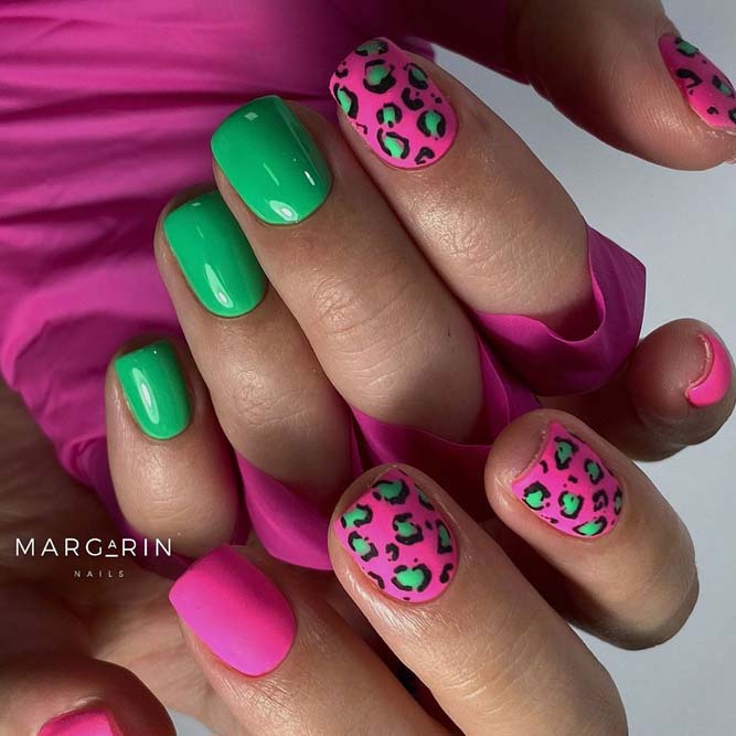 Matte Pink Nail Polish With Green