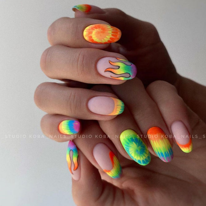 rainbow Matte Round Nails