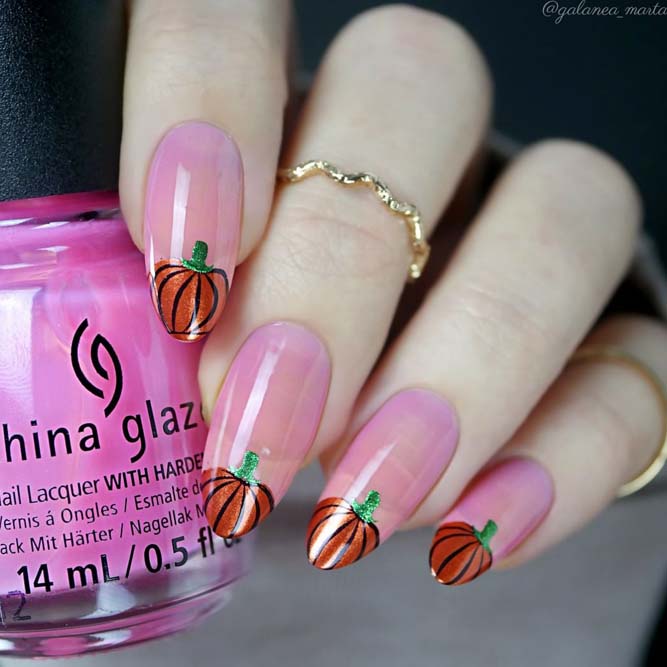 Thanksgiving Pink Nails With Pumpkins