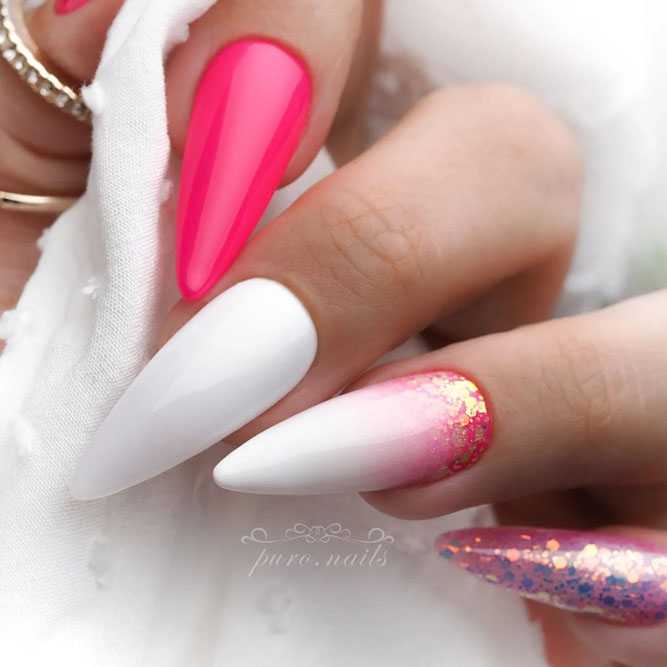 Glittery Ombre Pink and White Nails