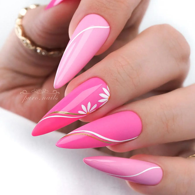 Pink and White Nails with Flowers Accent