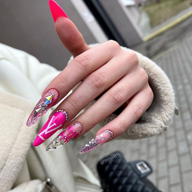 Pink and White Nails with Stones