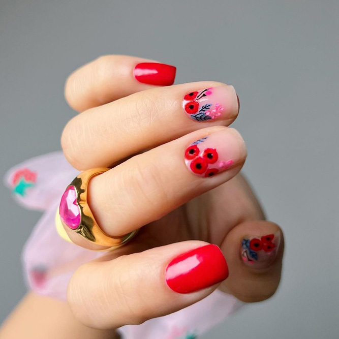 Short Red Acrylic Nails with Flowers