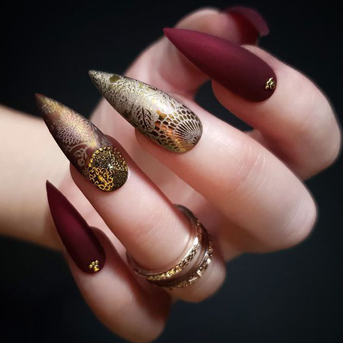Matte Red Nails with Gold Foil