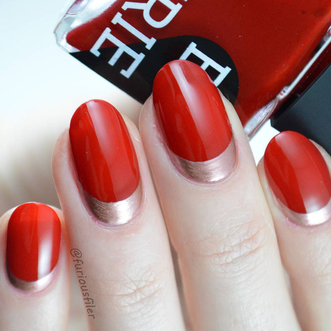 Red and Gold Reverse French Manicure