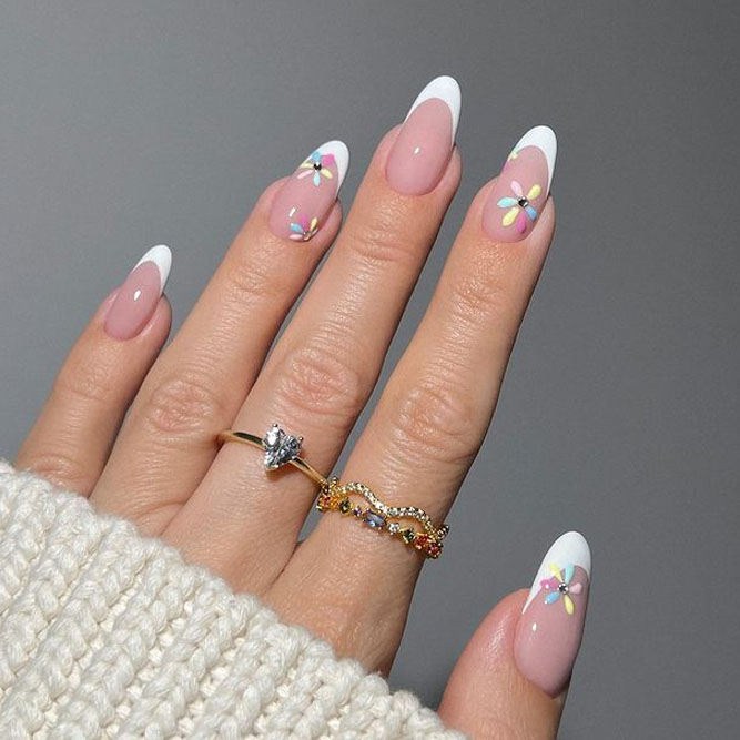 Rhinestones Nail Perfection With Floral Art