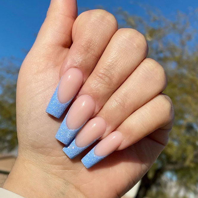 Nude Coffin Nails With Blue Glitter