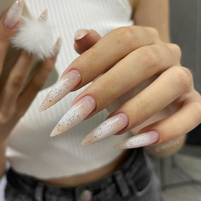 Long Nude Nails With Glitter