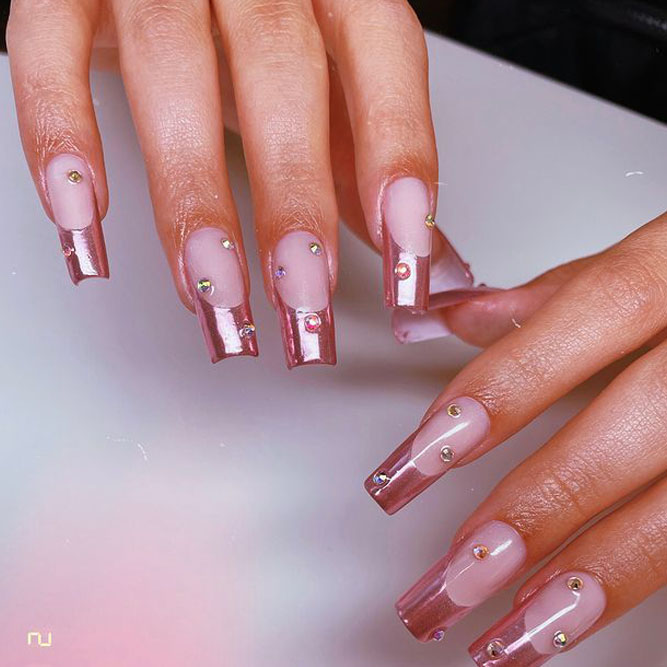 Rose Gold French Nails With Rhinestones